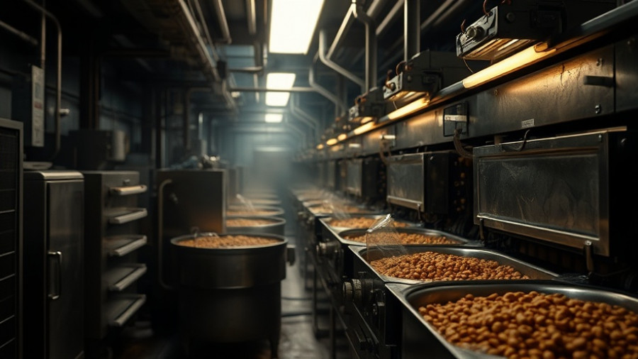 Industrial machinery processing food, linked to common foods harmful to health.