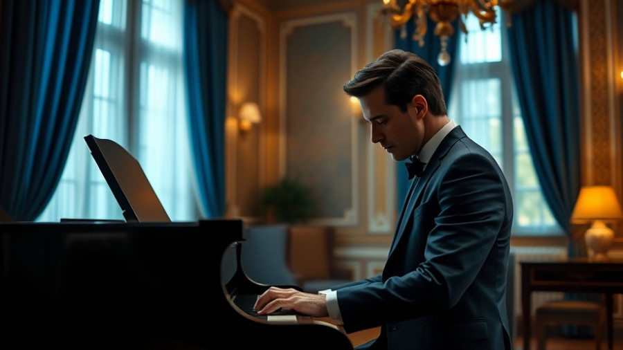 Man in suit playing piano; detailed lifelike photo; Houston business news.