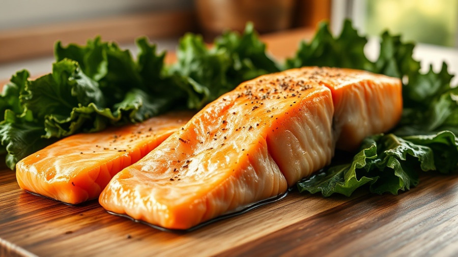 Poached Salmon with Collard Green Salad on wooden table.