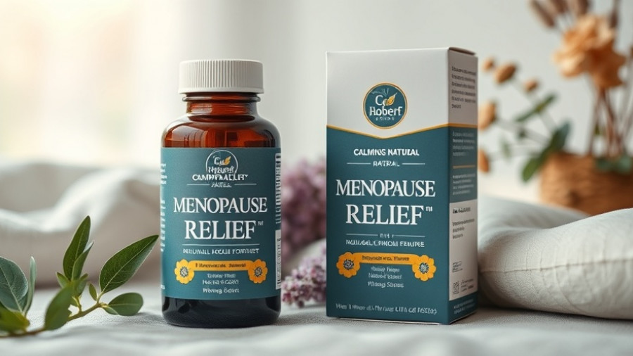 Natural menopause relief supplement packaging with bottle and box.