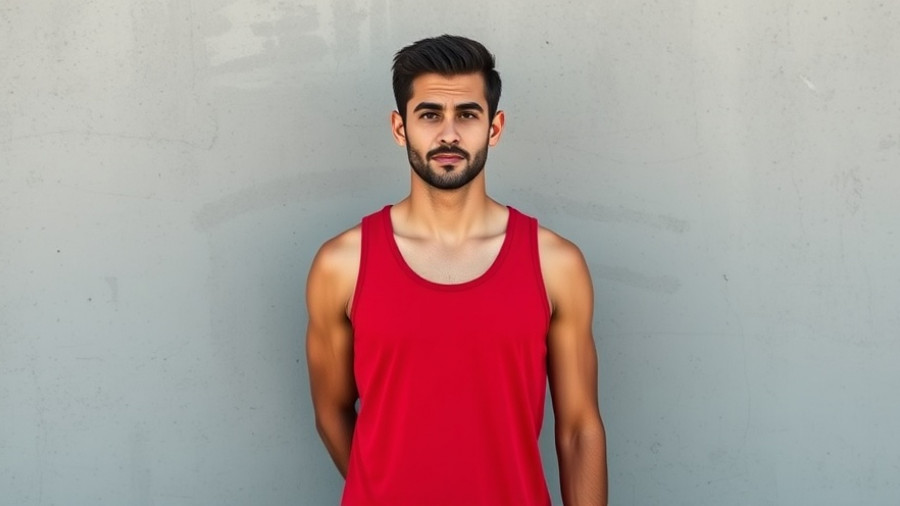 Person wearing red tank top against gray wall, neutral expression.