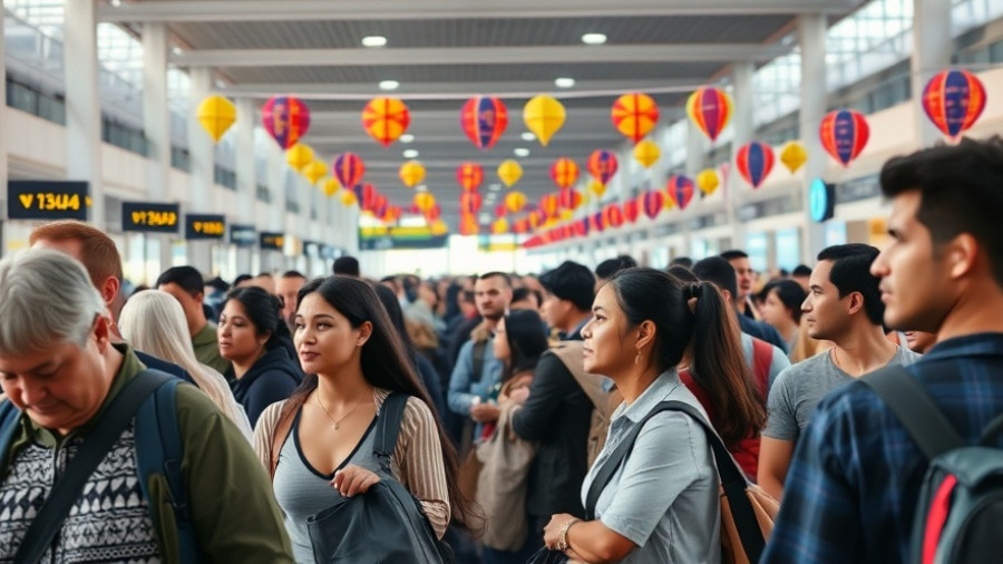 Travelers at Houston airport security line, spacious interior.