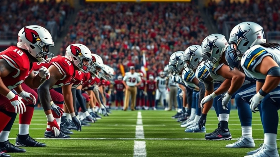 Dallas Cowboys vs Arizona Cardinals on field, intense lineup, Game Night.