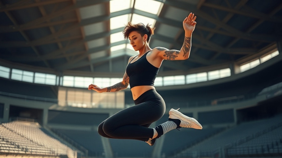 Athletic woman jumping for an energy boost in a stadium, morning sunlight.