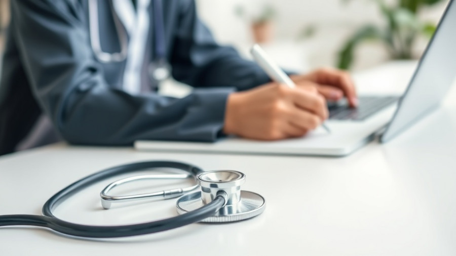 Close-up of stethoscope on laptop, AI in healthcare concept, doctor writing.