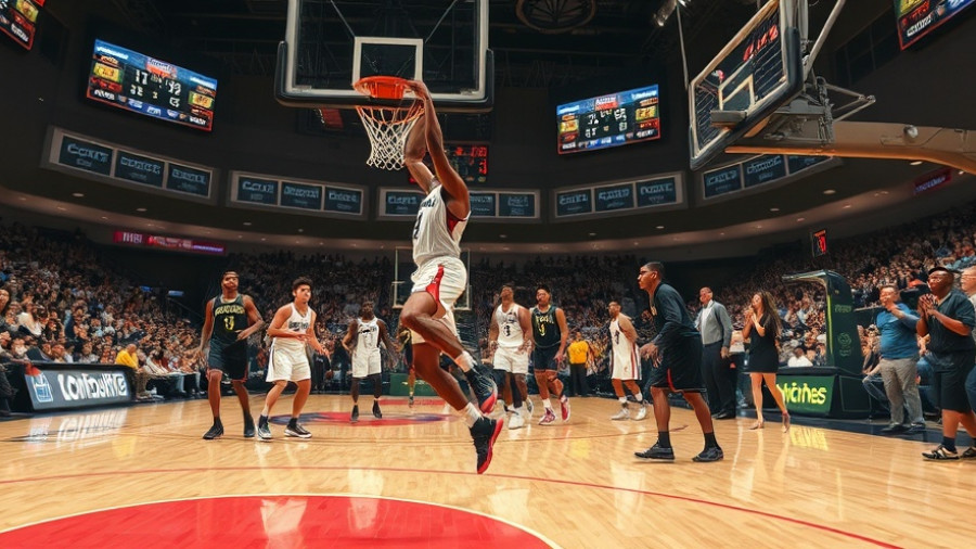 Bench reaction in sports game with dramatic dunk on basketball court.