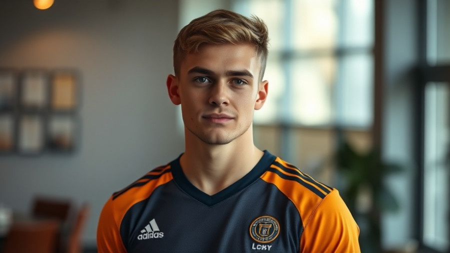 Young athlete in sports jersey posing confidently indoors.