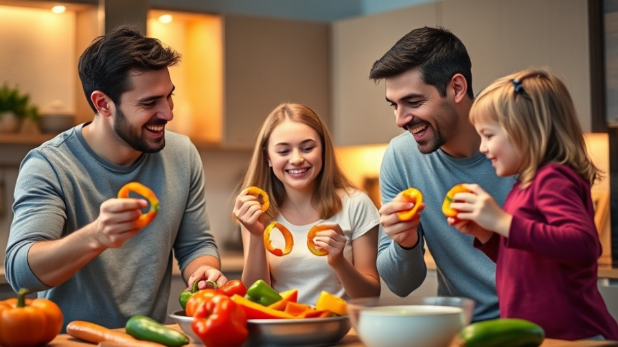 Family playing in kitchen with bell pepper rings, promoting a vegetable-friendly house.