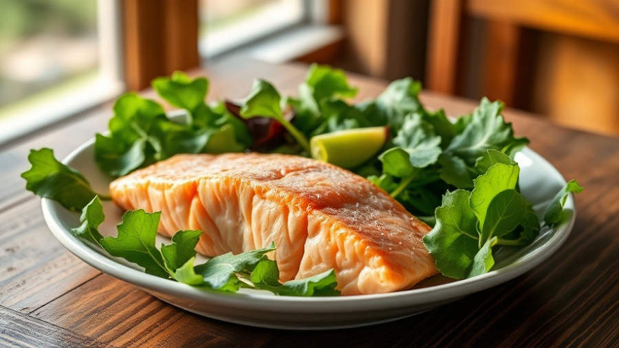 Appetizing poached salmon with collard green salad on a wooden table.