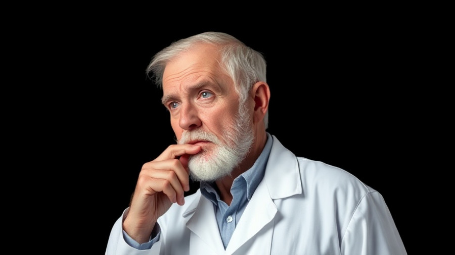 Senior doctor in white coat contemplating healthy aging exercises.