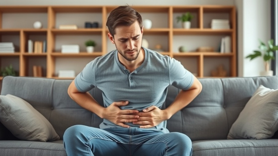 Man experiencing discomfort, related to alpha-gal syndrome from tick bites, sitting on a sofa.