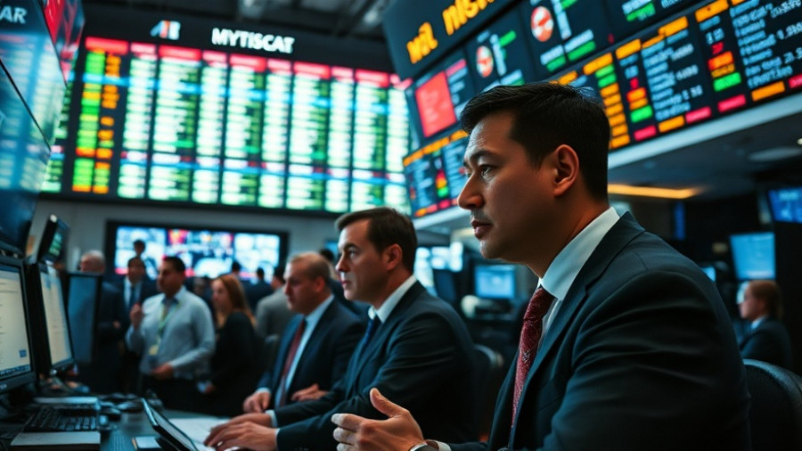 Busy financial trading floor with professionals at computers.