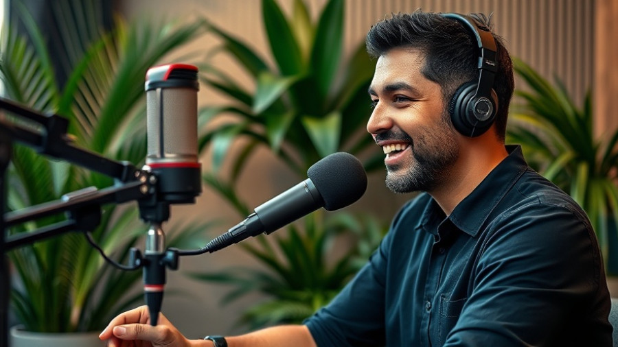 Engaged man discussing healthy aging nutrition in podcast setting.