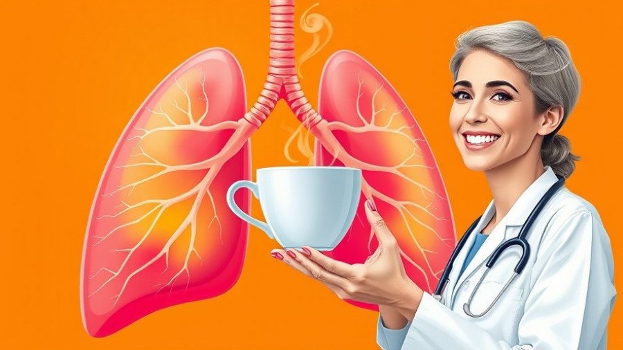 Illustration of natural remedies for lung health with lungs and tea.