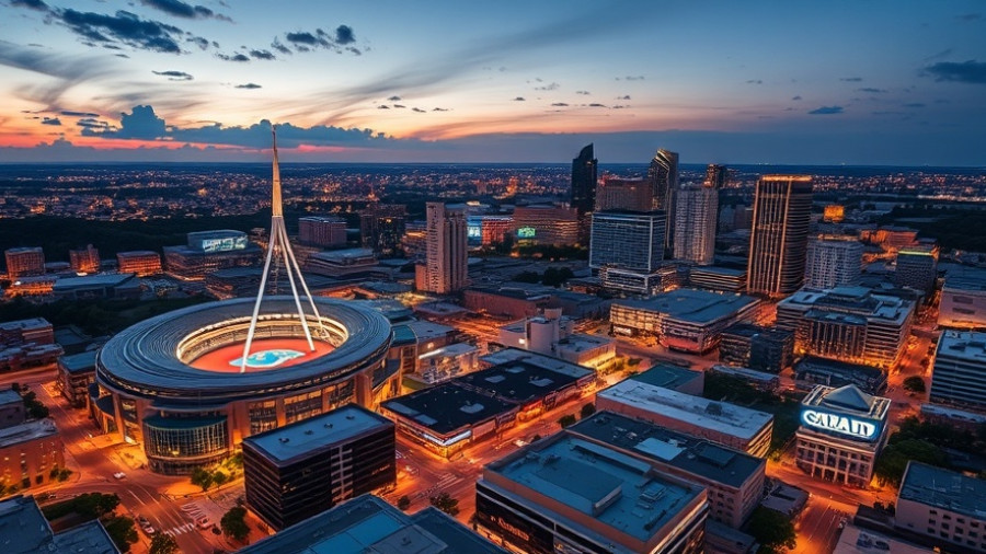 Aerial view of San Antonio sports district at dusk for business news.