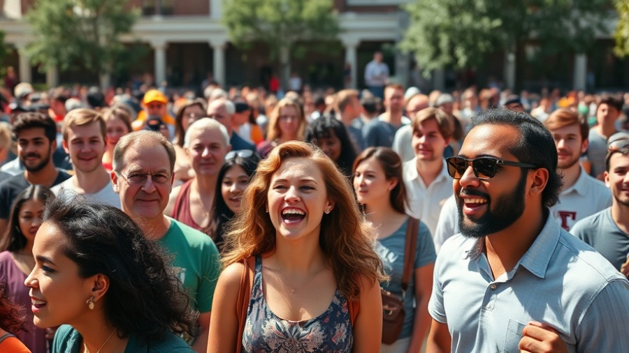 Crowd at Texas A&M University, engaged in conversation, bright day