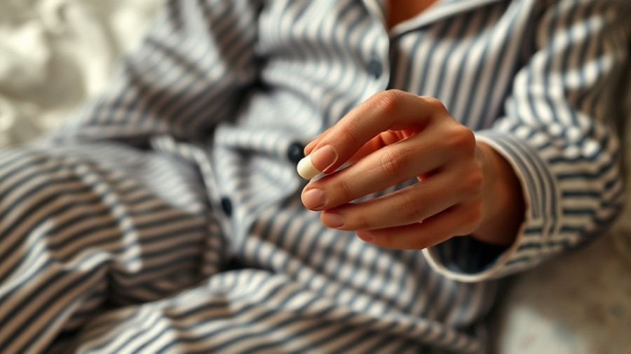 Pill in hand on bed for long-term melatonin use.