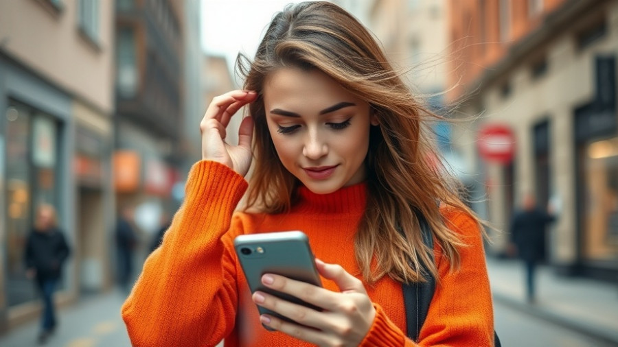 Casual young woman using smartphone for mindful eating apps outdoors.