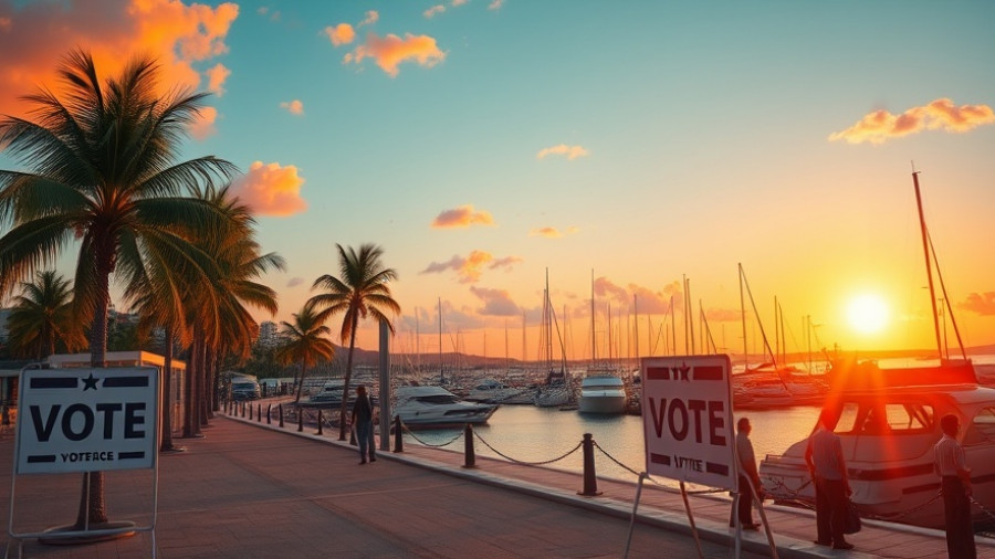 Voting site by Miami marina during mayor runoff election, sunset view