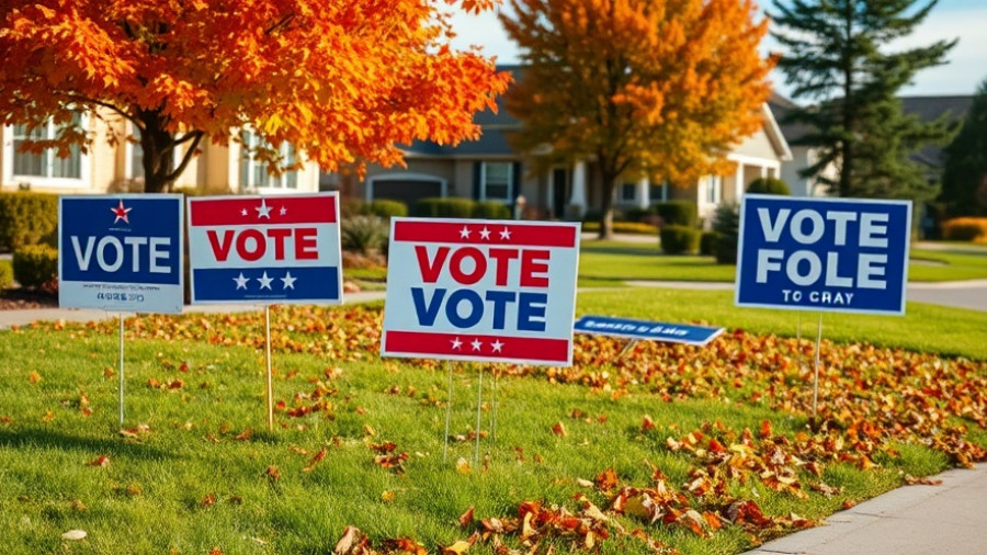 Autumn lawn signs opposing voter ID laws in Maine and Texas.