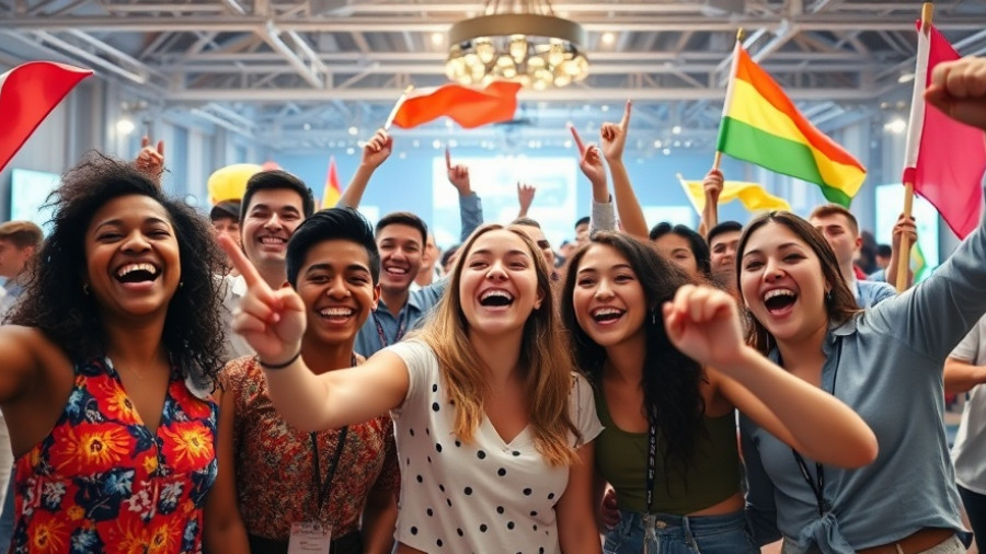 Joyful group celebrating with flags indoors, 2025 election results.