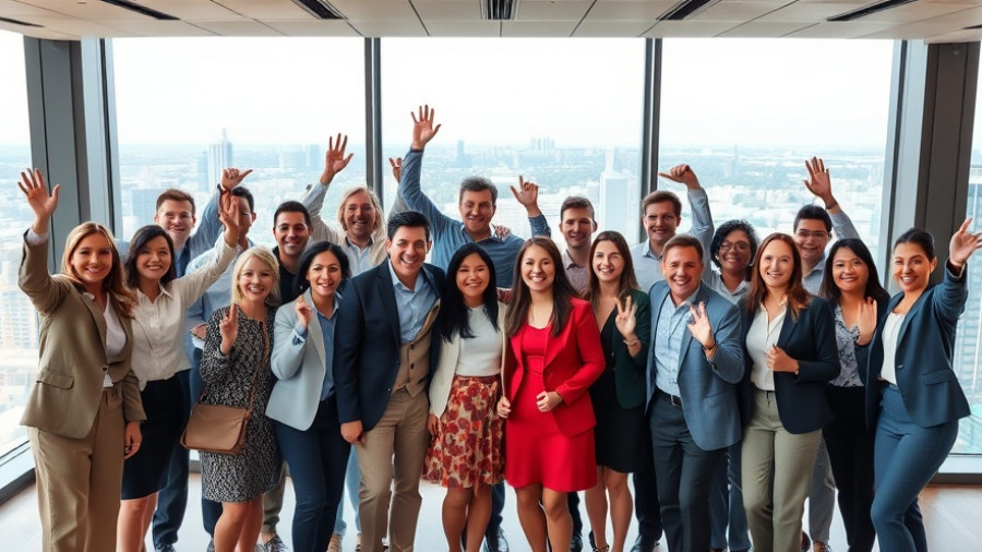 Group celebrating in conference room with city view, luxury real estate Austin.
