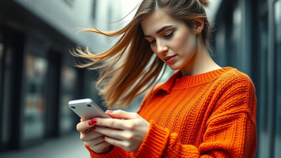 Casual woman in orange sweater using smartphone, mindful eating apps