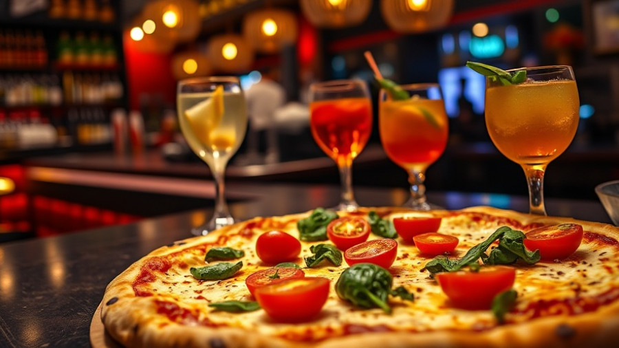 Dallas nightlife scene with pizza and cocktails at a stylish bar.
