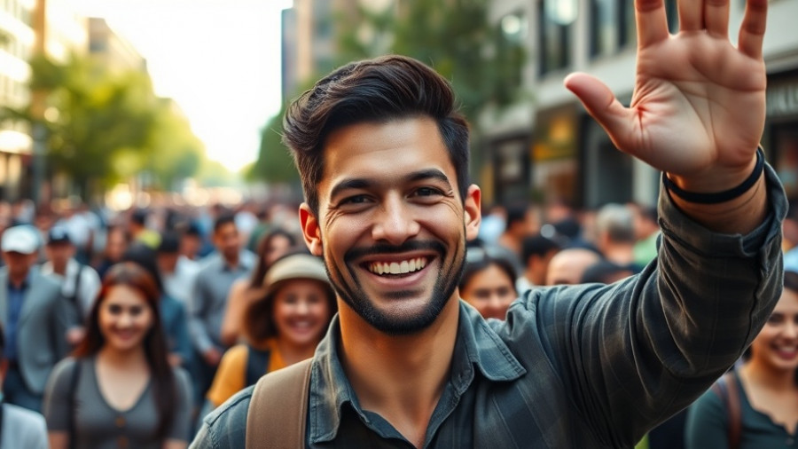 Democratic celebration: smiling man waving amidst supporters.
