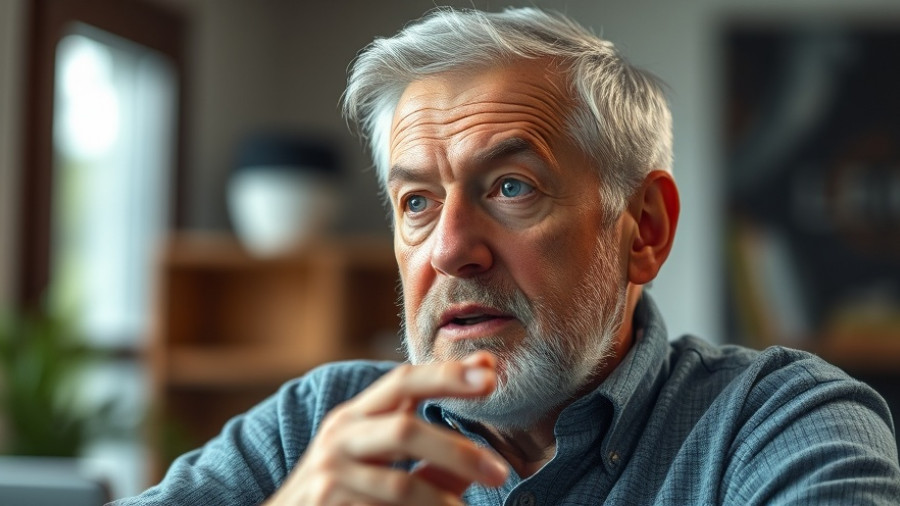 Man discussing health, highlighting sugar consumption and mental wellness for seniors.