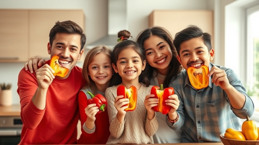 Happy family in kitchen playing with bell peppers, health and wellness.