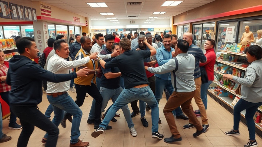 Chaotic brawl at Bass Pro Shop with onlookers observing.