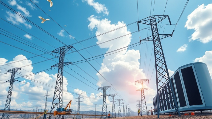 Illustration of power lines and data center under cloudy sky, representing Vertiv PurgeRite acquisition.