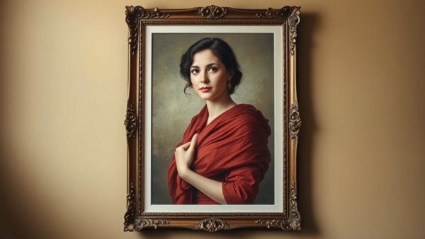 Frida Fest San Antonio: Framed portrait of woman with red shawl in gallery.