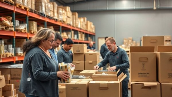 Volunteers at San Antonio food distribution event organizing supplies.