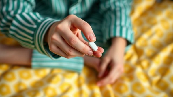 Hand holding a pill wearing striped pajamas, melatonin concept.