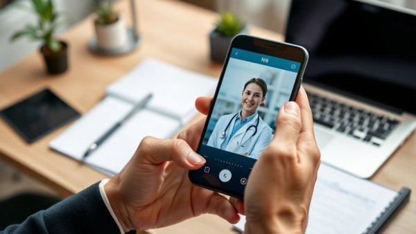 Amwell divestitures video call on smartphone, modern workspace.