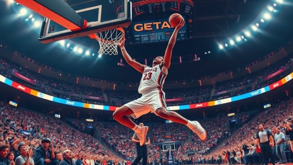 Basketball player making an impressive dunk.