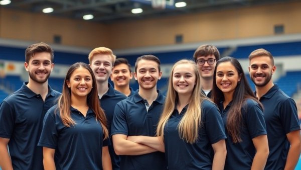 Enthusiastic group of young adults at an indoor sports stadium.