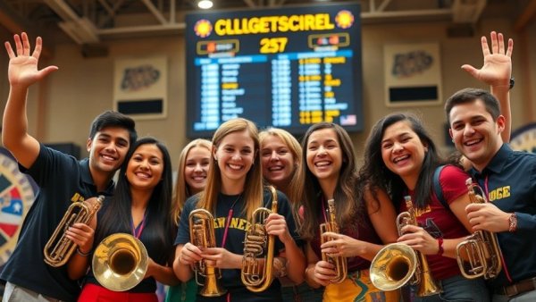 College band posing happily at a sports event, vibrant atmosphere