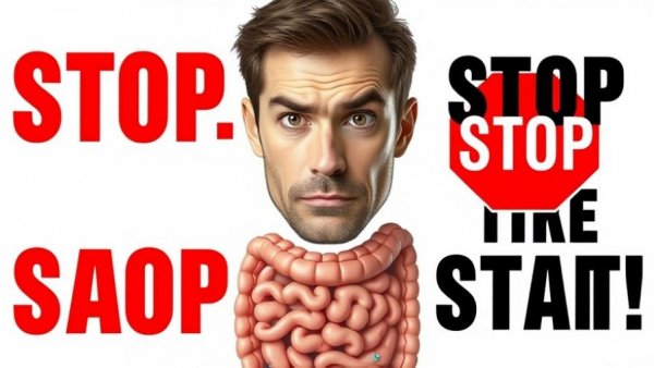 Gut Health Mistakes warning with digestive system graphic.