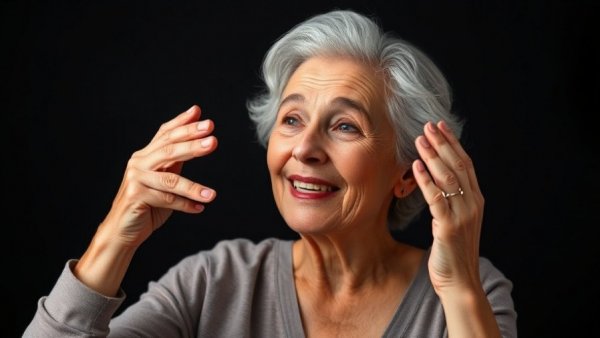 Older woman showing skincare technique for healthy aging skin care.