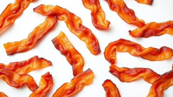 Crispy bacon strips on white background.