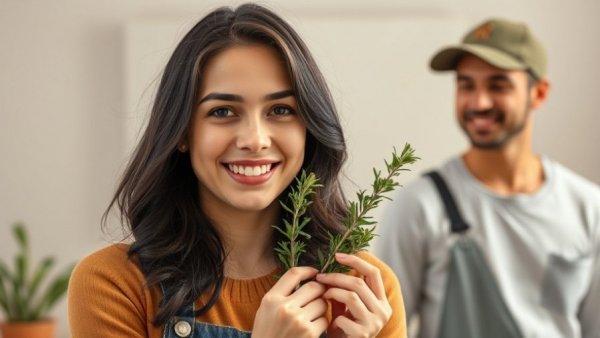 Young woman holds rosemary with a man in the background, Rosemary compound supports skin regeneration.