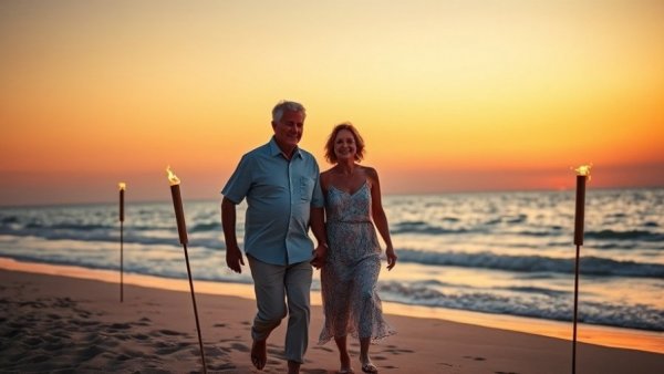 Mature couple walking on the beach at sunset, serene ocean backdrop.