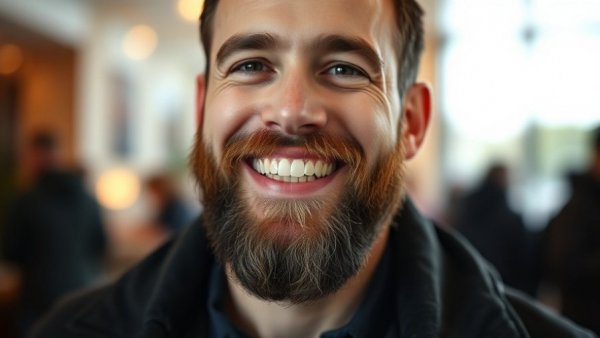 Smiling man with beard in black jacket indoors, warm lighting.