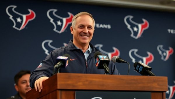 Houston Texans coach smiling at press conference podium.