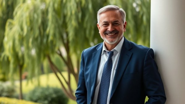 Candidate in navy suit for Texas elections 2025 smiling in garden