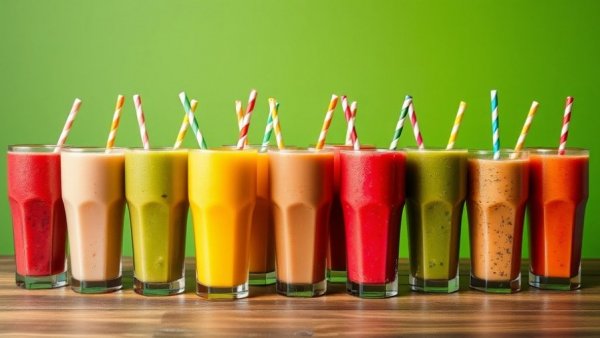 Colorful smoothies lined up with straws on a wooden table.
