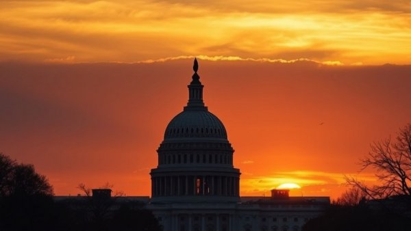 Golden sunset over U.S. Capitol building, highlighting Trump's military campaign theme.